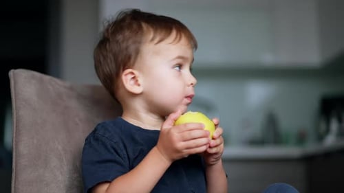 Child Eats Yellow Apple Sitting on Chair Indoors