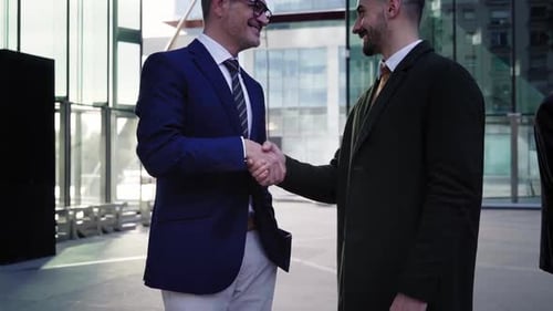 Dois empresários fechando um negócio com um aperto de mão sorrindo