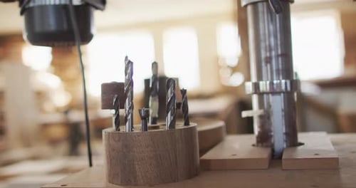 Video of drills and tools in traditional carpentry workshop