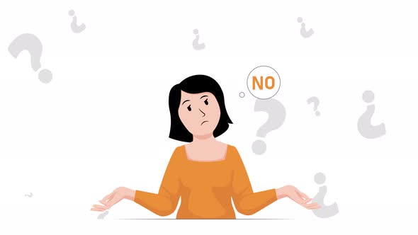 confused woman with question marks, person not knowing what decision to ...