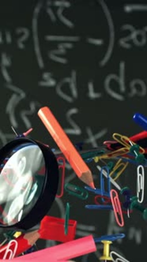 Different School Objects Fly and Fall Against the Background of the Blackboard Filmed on a Highspeed