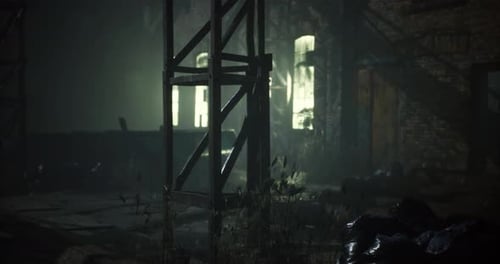 Dark Gritty Scene of Ruined Building Interior