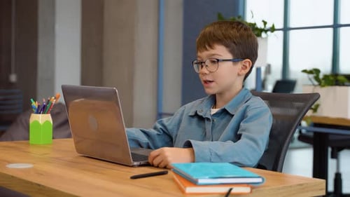 Happy Preteen Boy School Pupil Distance Learning Online at Virtual Class with Teacher Tutor on