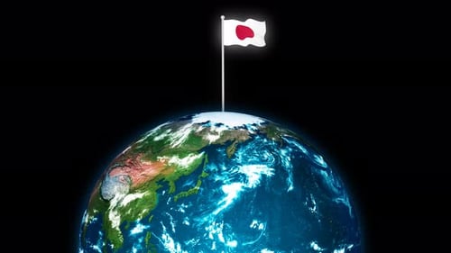 Japanese Flag on Rotating Earth Globe in Space