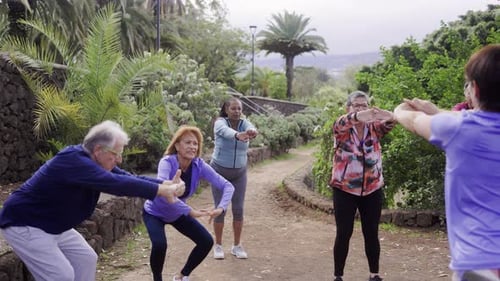 Senior sport people exercising during workout class outdoors at park city - Fitness joyful Elderly