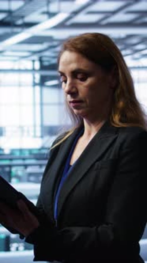 Vertical Video Technician Doing Checkup Inputting Data on Tablet of Needed Fixes in Server Hub