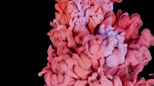 Nuvem de tinta na água, isolada em fundo preto, azul, rosa