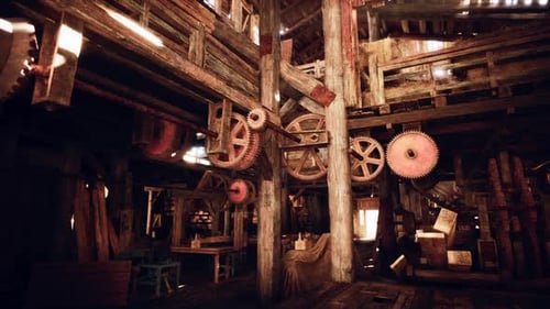 Rustic Interior with Vintage Gears and Machinery in an Old Workshop