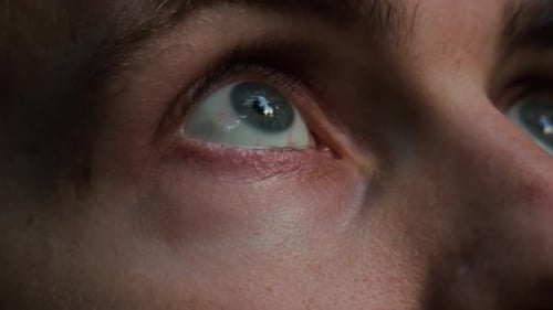 Close-up of young adult male looking around. Human facial features