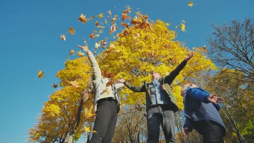 A Happy Family in an Autumn Park Having Fun and Crumbling Leaves