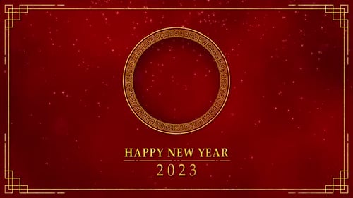 Golden circle frame with chinese new year and year of the Rabbit 2023 on dark red background
