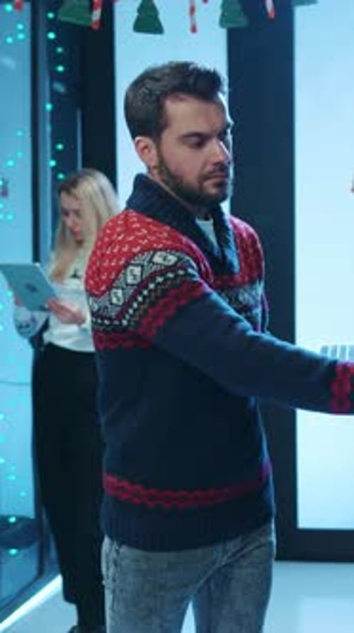 Embrace Casual Winter Fashion While Using a Laptop in a Festive Holiday Setting