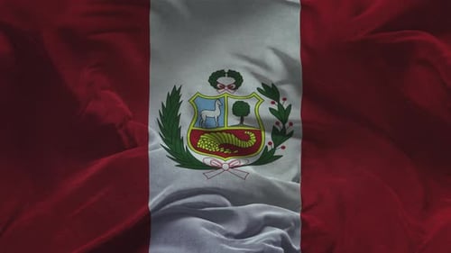Waving Peruvian Flag with National Emblem