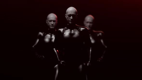 The army of the future. a group of bionic people with a confident gait ...