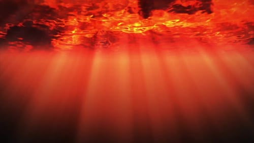Sonnenstrahlen, Meer unter Wasser, Unterwasserwelle, roter Ozean unter Wasser mit roten Sonnenstrahlen, leuchtende Schleife
