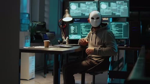 Serveurs de base de données de piratage de terroristes sur Internet portant un masque