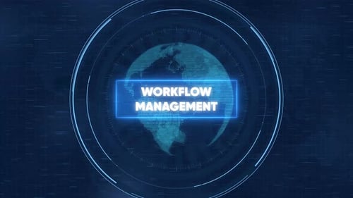 Workflow management digital hud interface with rotating global network data visualization