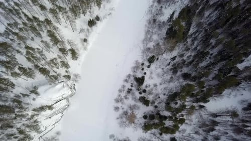 A Beautiful Winter Landscape Featuring a Snow Covered River Flowing Through a Dense Forest Stock