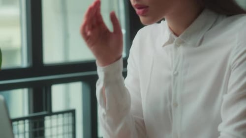 Close Up Caucasian Businesswoman Girl Female Business Woman Student Typing Laptop Studying Working