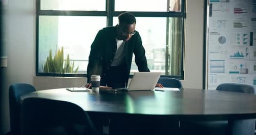 Laptop, research and business black man in office for online proposal, investment growth and report