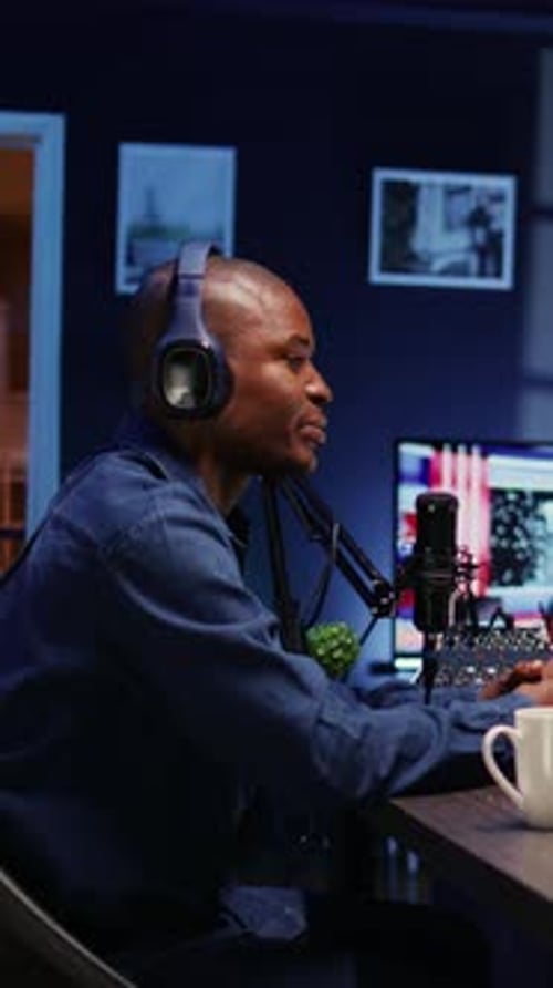 Podcast Recording in Home Studio at Night