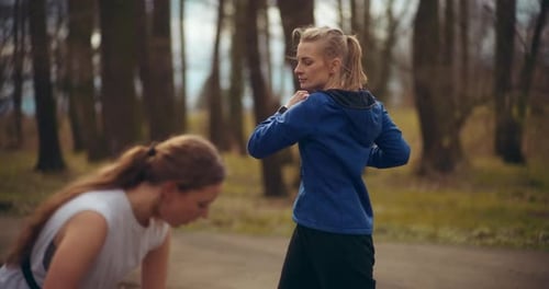 Two Woman Workout Exercising In Park Jogging Fitness