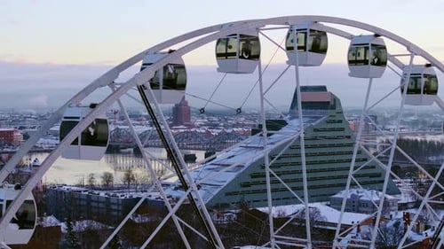 Sunrise Over Riga - Ferris Wheel and National Library of Latvia, Winter, Drone