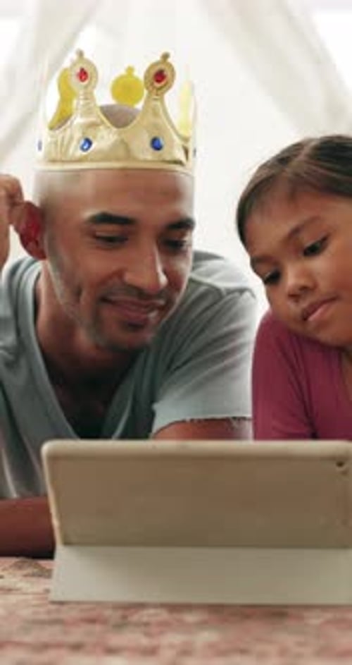 Relax, father and girl with tablet in house, streaming princess movie and watch cartoon for bonding