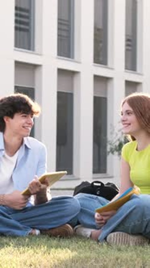 Students Chatting and Laughing on Campus Lawn
