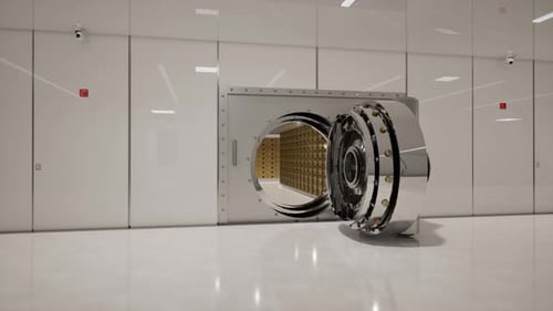 Bank Vault Door Open with Rows of Gold Bars Inside