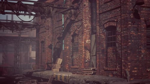 Abandoned Industrial Factory Buildings at Sunset