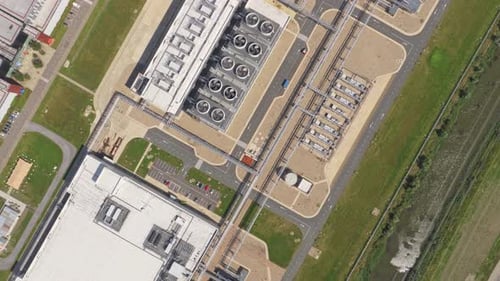 Aerial of cooling fans on hyperscale data center rooftop, Netherlands