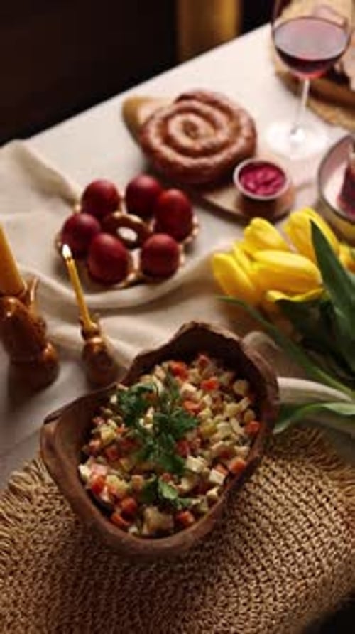 Festive table for Easter. Different dishes on the table. Slavic cuisine