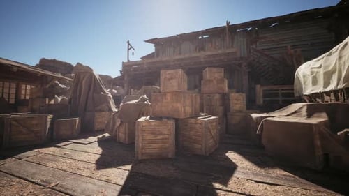 Old Western Town with Wooden Crates Camera Pan