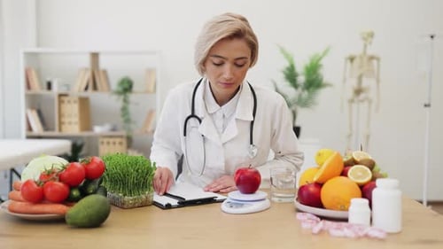 Woman in White Coat Weighing an Apple