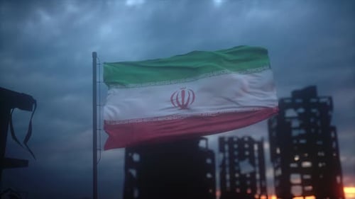 Dramatic Scene of Iranian Flag Above War Damaged Urban Landscape
