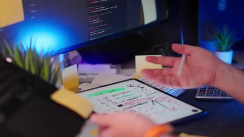 Working in a Dimly Lit Office at Night