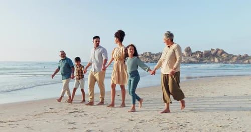 Parents, holding hands or children walking in beach or ocean on holiday vacation as a happy family