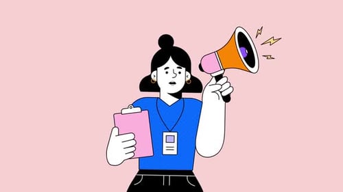 Female Character with Megaphone and Clipboard Flat Design Animation