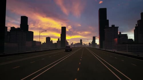 Car Driving on Highway Through City at Sunset