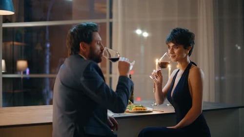 Smiling Lovers Clinking Wine Glasses Spending Evening Date Sitting Bar Counter