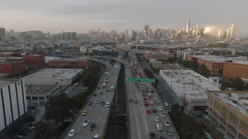 Forwards Fly Above Multilane Busy Highway and Interchange in Urban Borough Transport Infrastructure
