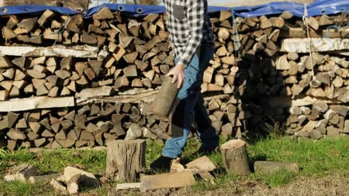 Lumberjack chopping wood for winter, young man cutting firewood with an axe, slow-motion ready