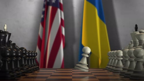 USA and Ukraine Flags Over Chessboard Strategic Conflict Animation