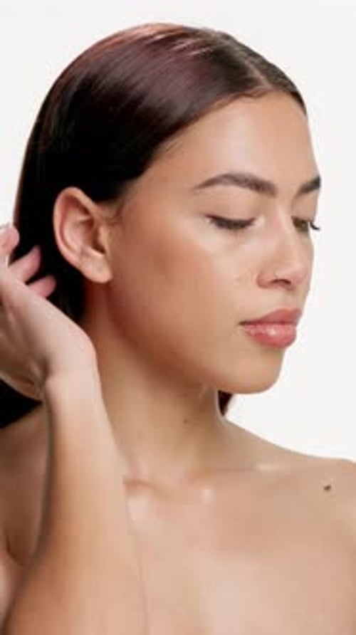 Face, natural skincare and hair care with woman in studio for dermatology, cosmetology or texture