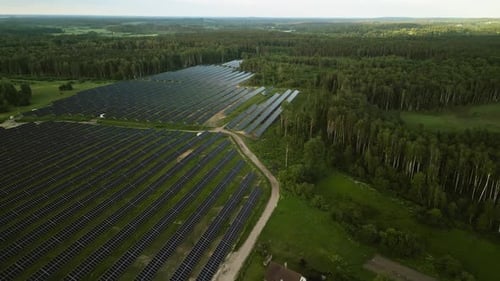 Aerial View of Solar Panel Farm and Surrounding Forest Landscape Depicting Green Energy and