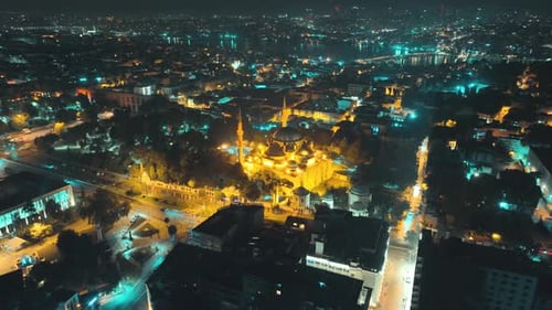 aerial view of the city in lights, Şehzade mosque