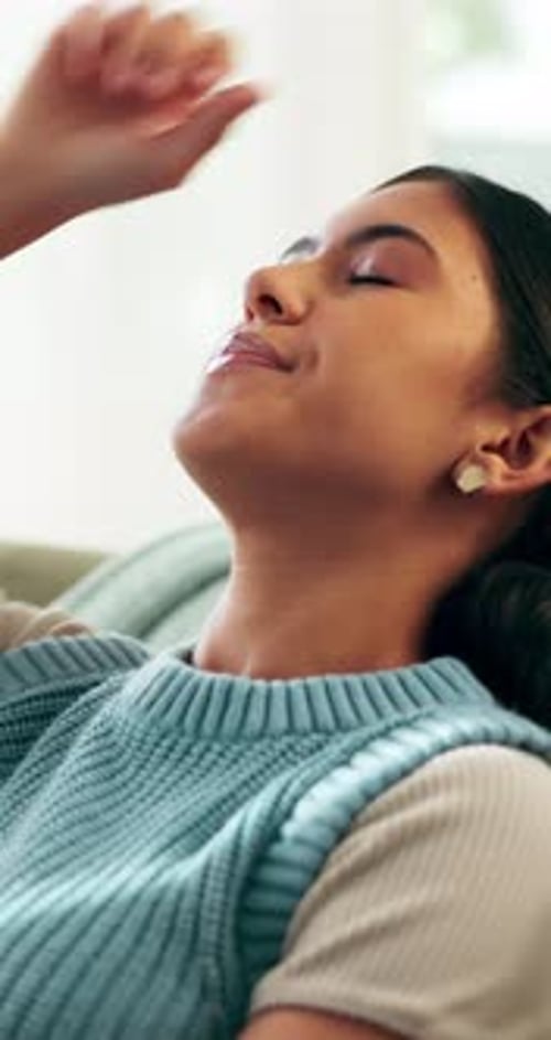 Relax, thinking or girl with stress on sofa for college loan, scholarship risk or mental health