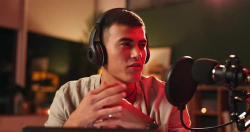 Microphone, headphones and influencer on podcast, recording and media broadcast with web radio host