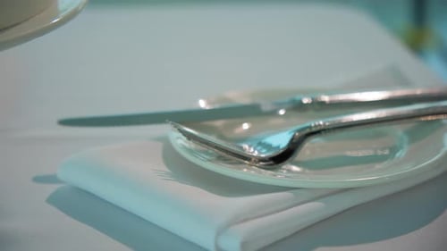 Luxury Restaurant Banquet Table Set Up Served Dinner Tableware and Silverware on Event Close Up